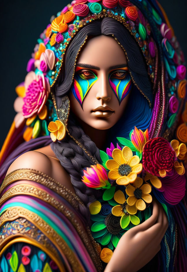 Colorful portrait of woman with face paint, braid, and flowers on dark background