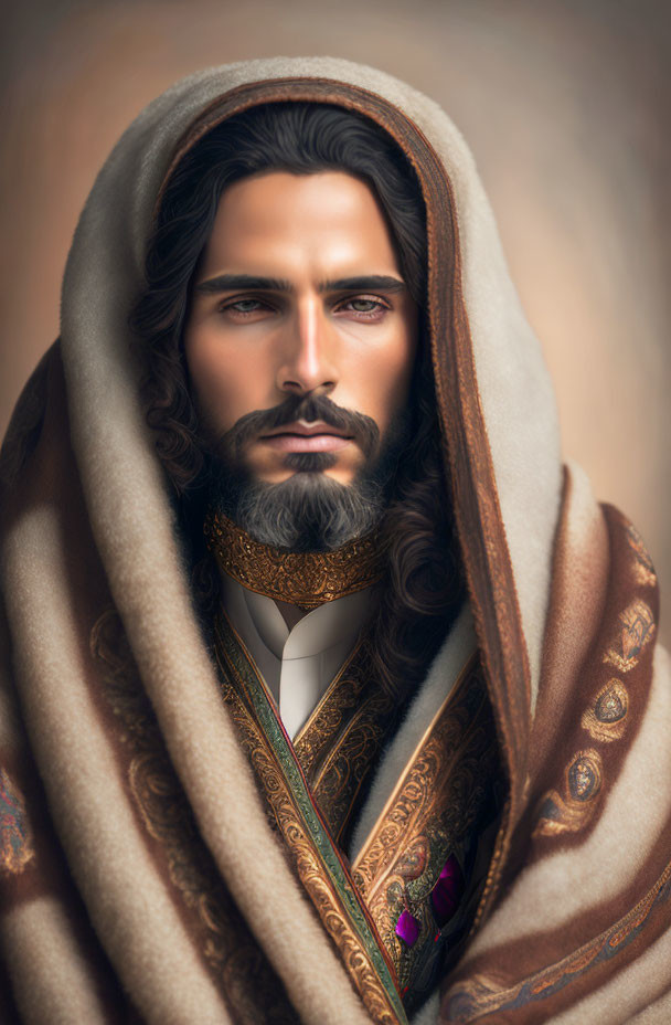 Man with Long Brown Hair and Beard in Traditional Hooded Cloak Digital Painting