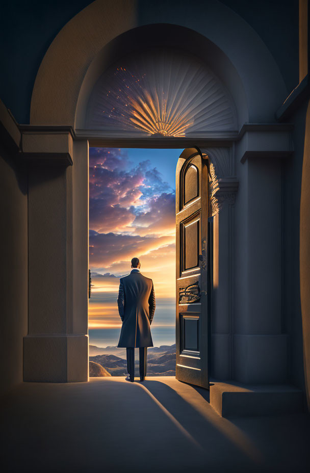 Person admiring vibrant sunset in grand doorway.