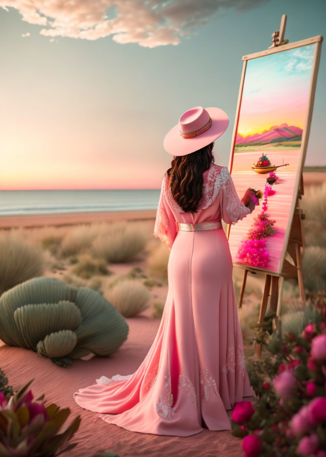 Woman painting on easel at beach during pink sunset with flowers.