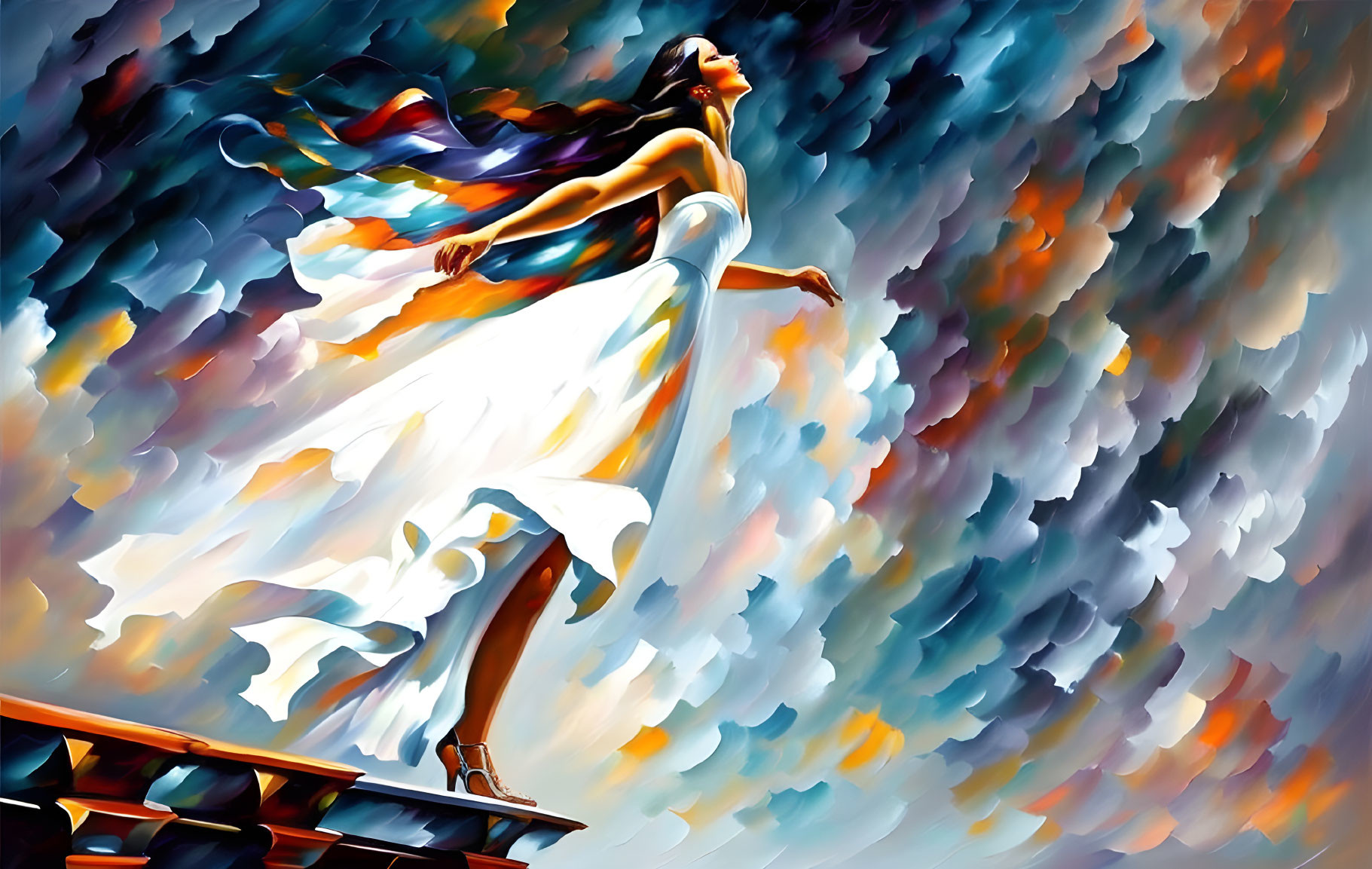 Colorful painting of woman in white dress on ledge