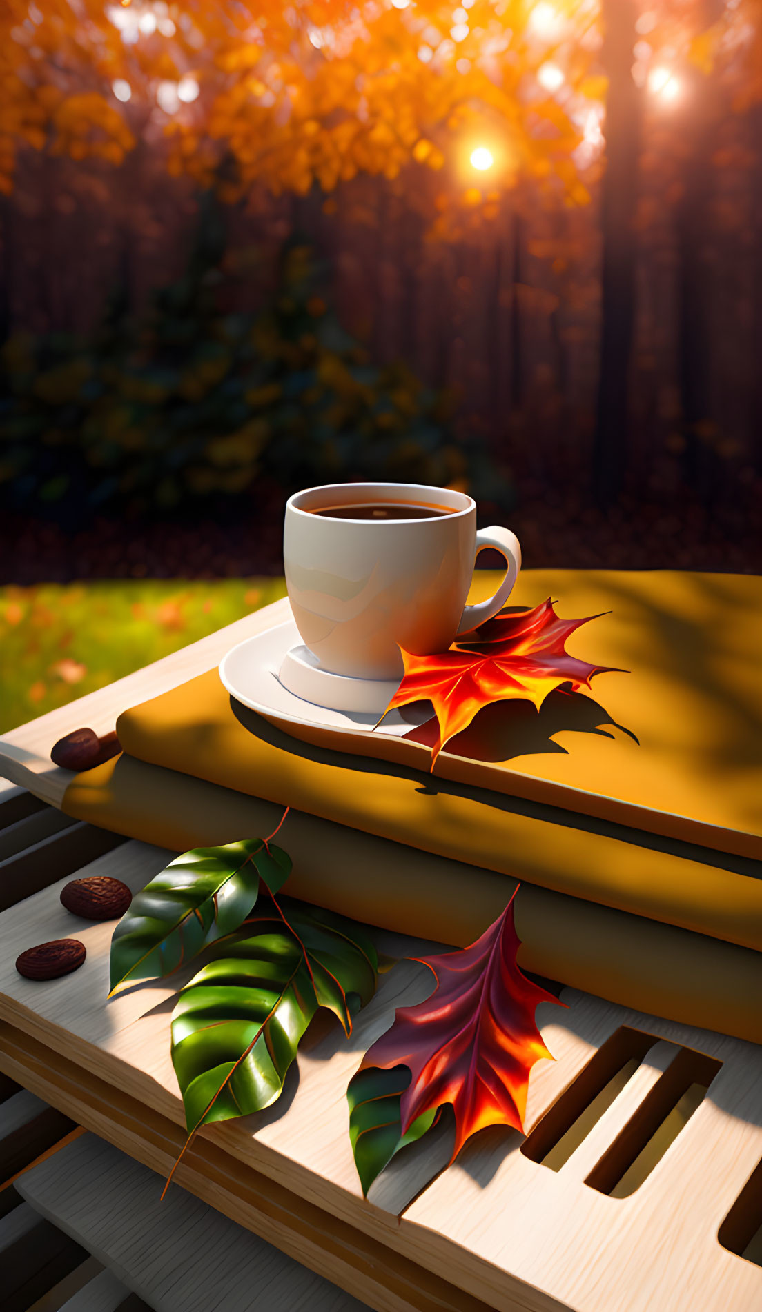 Autumn-themed tea cup on book with leaves and sunset in forest