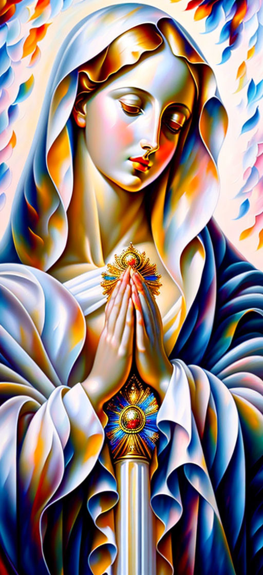 Vibrant Virgin Mary painting with clasped hands and flowing robes