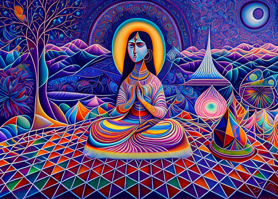 Colorful psychedelic artwork: Woman meditating with intricate patterns and geometric shapes