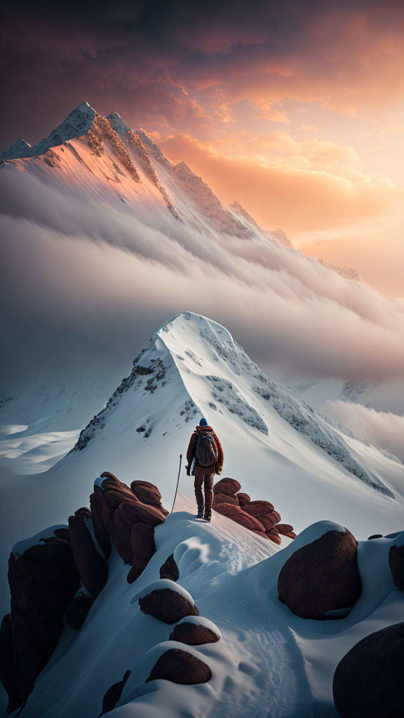 Snowy Mountain Ridge Hiker Under Orange Sunset Sky