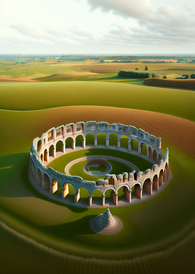 Ancient Roman amphitheater in serene green landscape