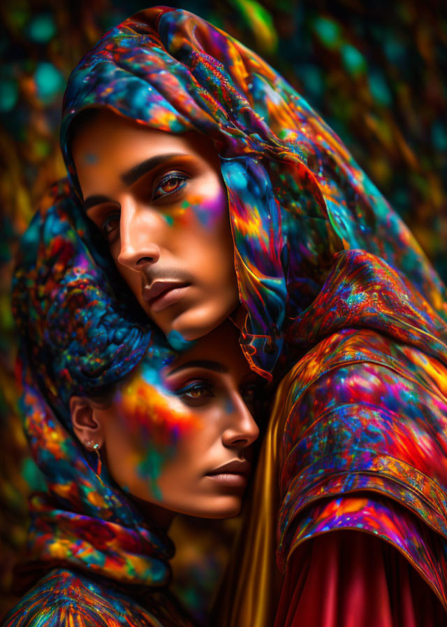 Colorful Scarves Creating Shadows on Faces Against Bokeh Background