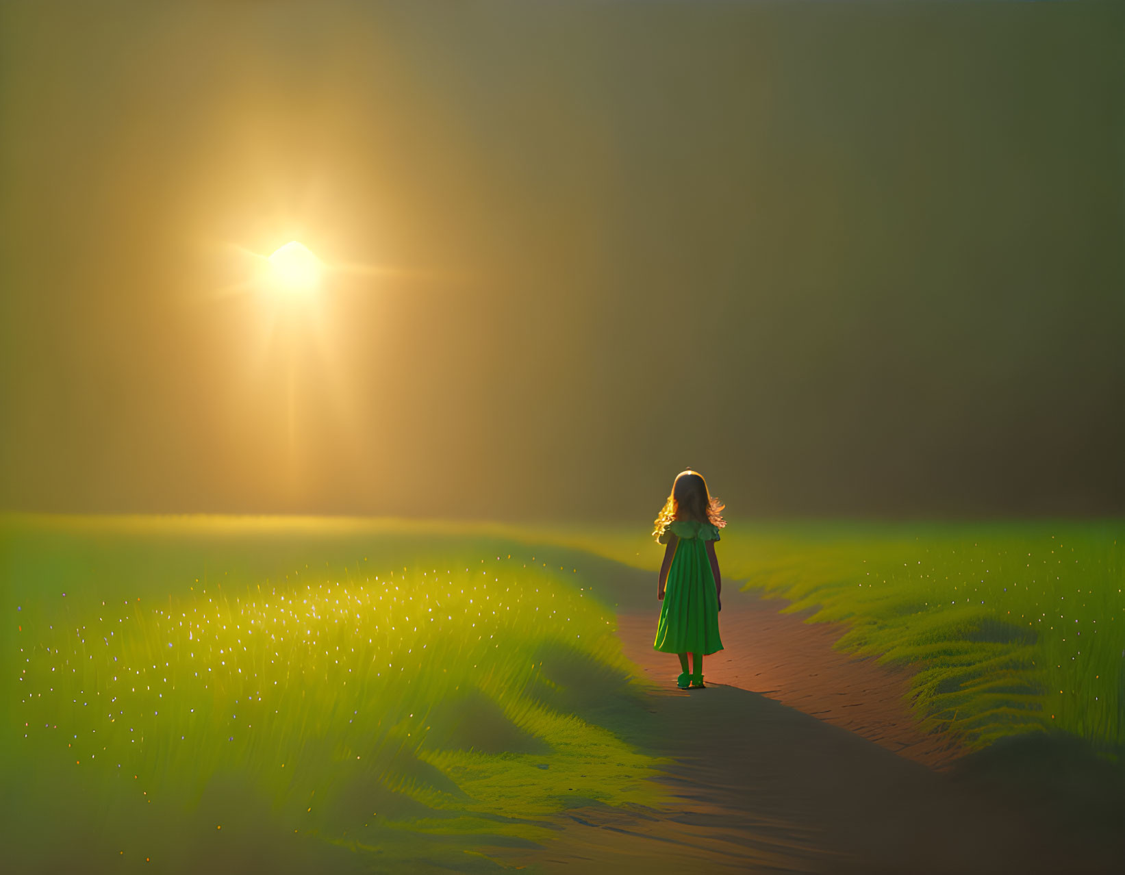 Young girl in green dress gazes at glowing sunset in hazy field