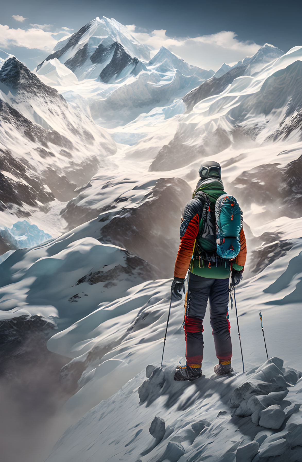 Climber in gear faces snowy mountain peaks with swirling clouds