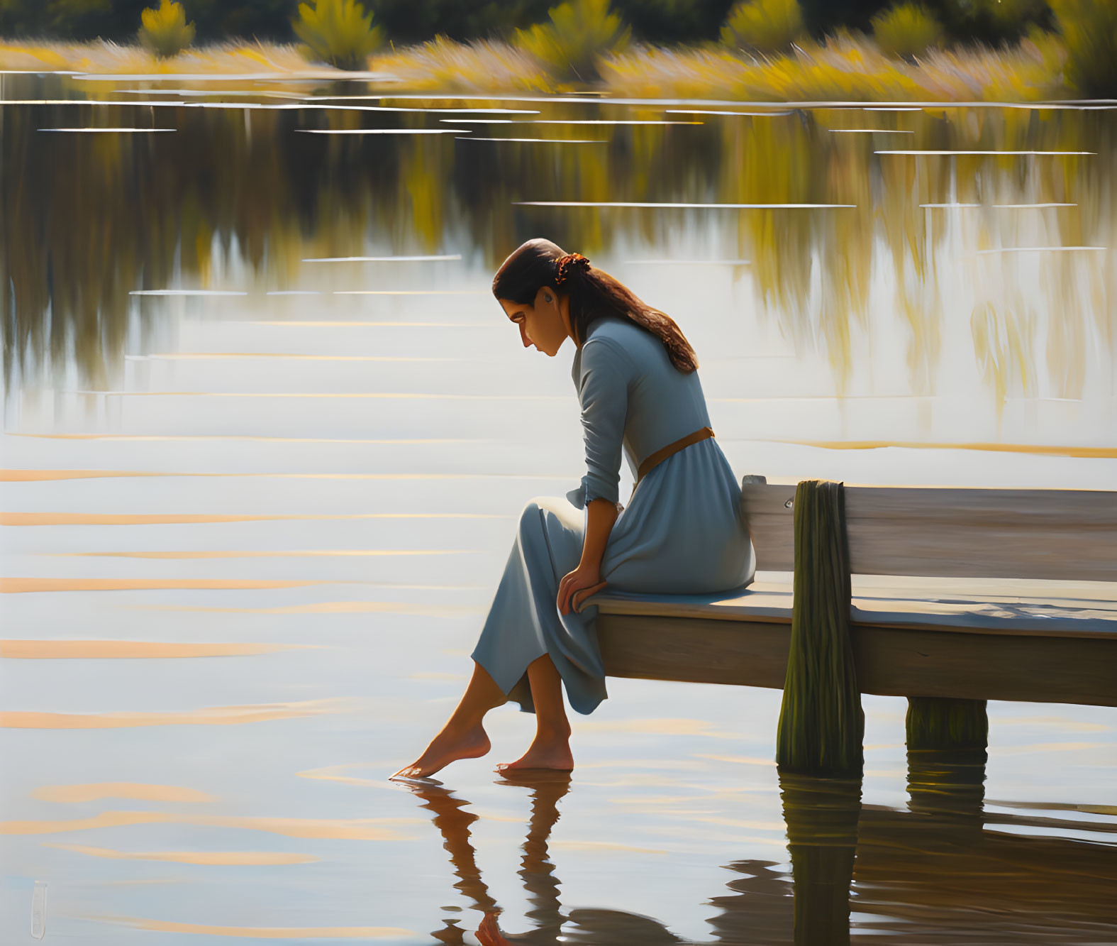 Woman in Blue Dress Sitting on Wooden Dock by Calm Water