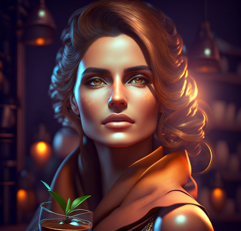 Stylized portrait of woman with glowing skin and drink in warm, dimly lit setting