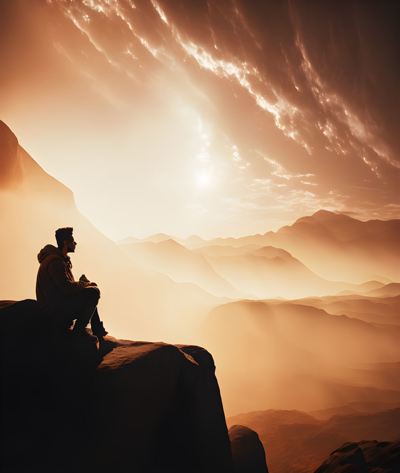 Person sitting on cliff edge with layered mountain ridges and orange sky.