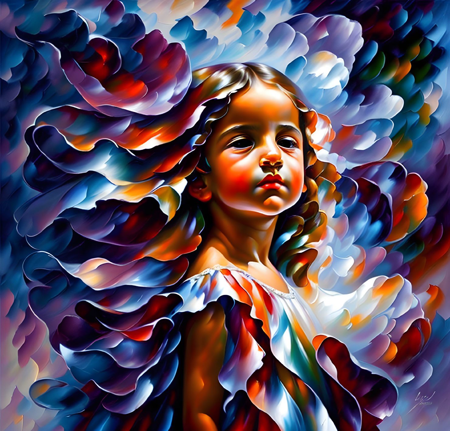 Colorful Abstract Painting: Young Girl with Expressive Gaze