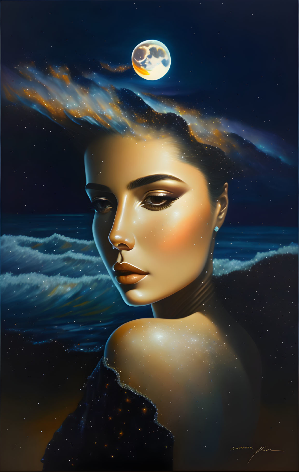 Cosmic seascape digital portrait of a woman