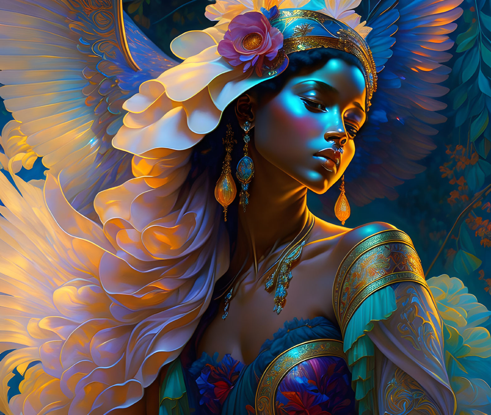 Vibrant Blue Wings and Golden Attire on Female Figure in Floral Setting