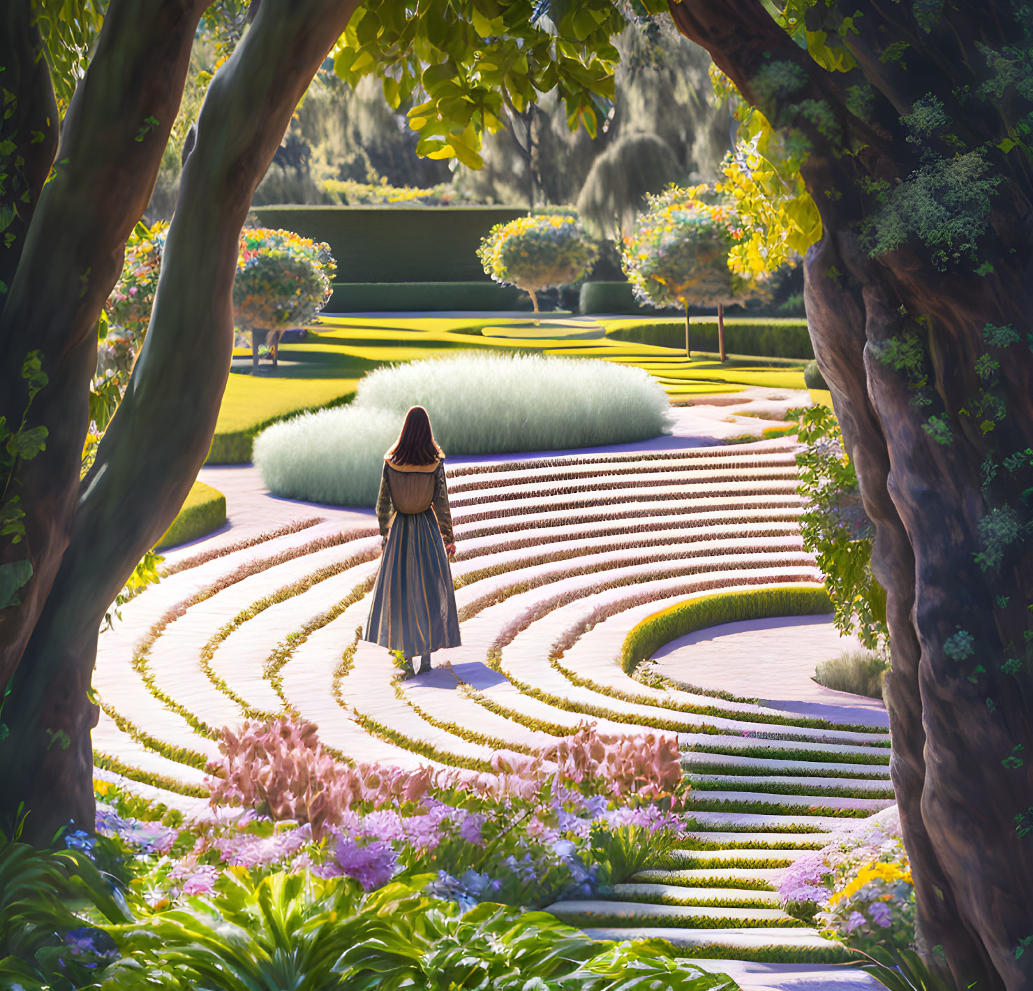 Person in Lush Garden Surrounded by Trees and Flowerbeds