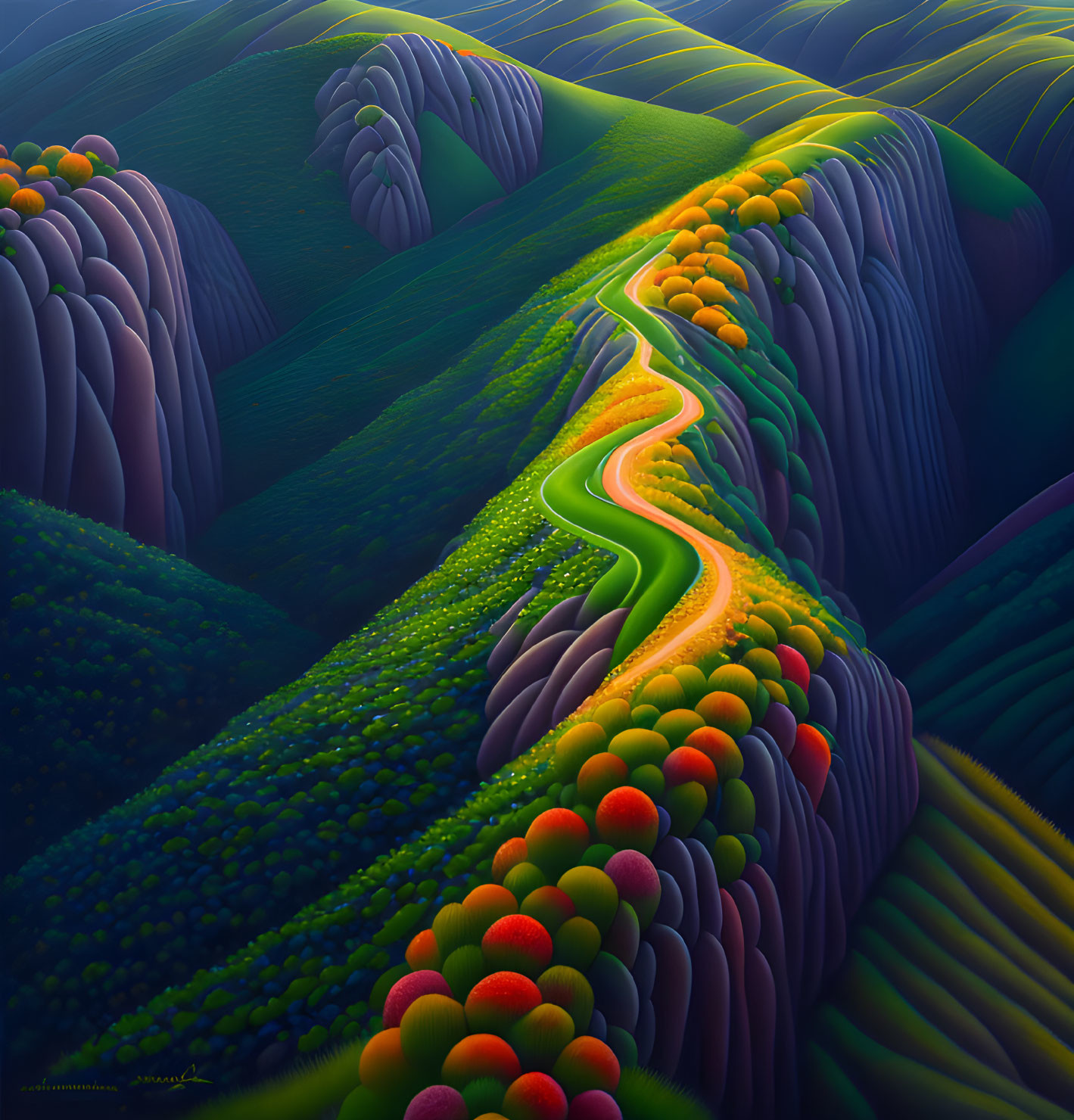 Winding Path Through Vibrant Hills at Twilight