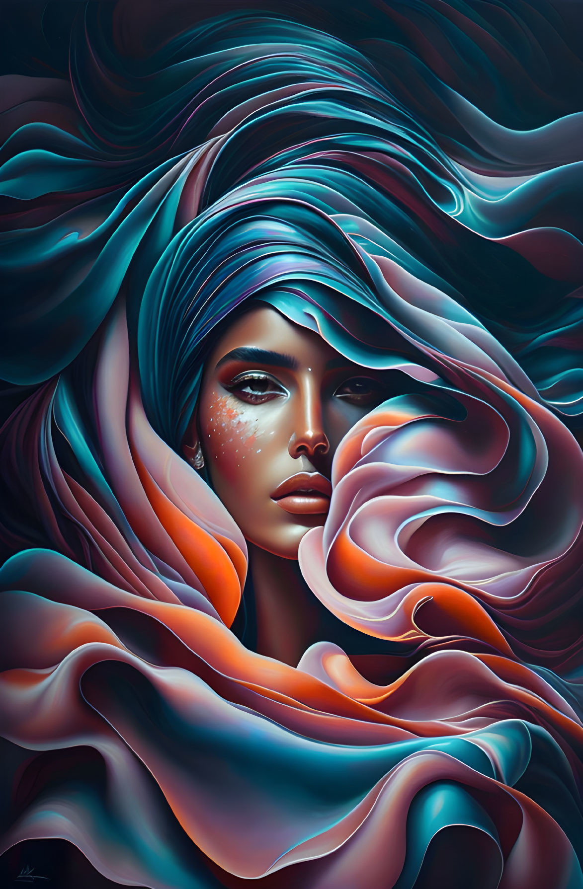 Colorful digital artwork of woman with flowing hair and scarf in blues and oranges.