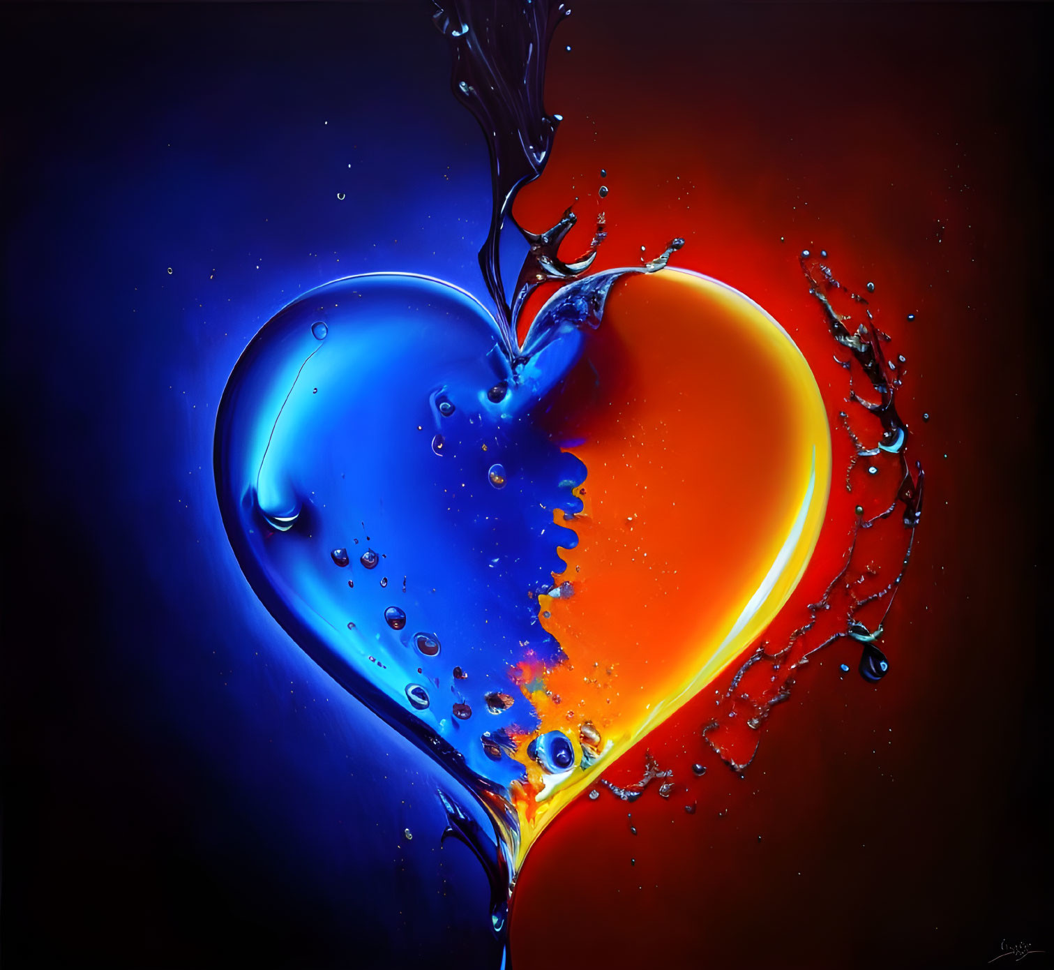 Colorful Heart Artwork with Blue and Orange Gradient and Water-like Splashes