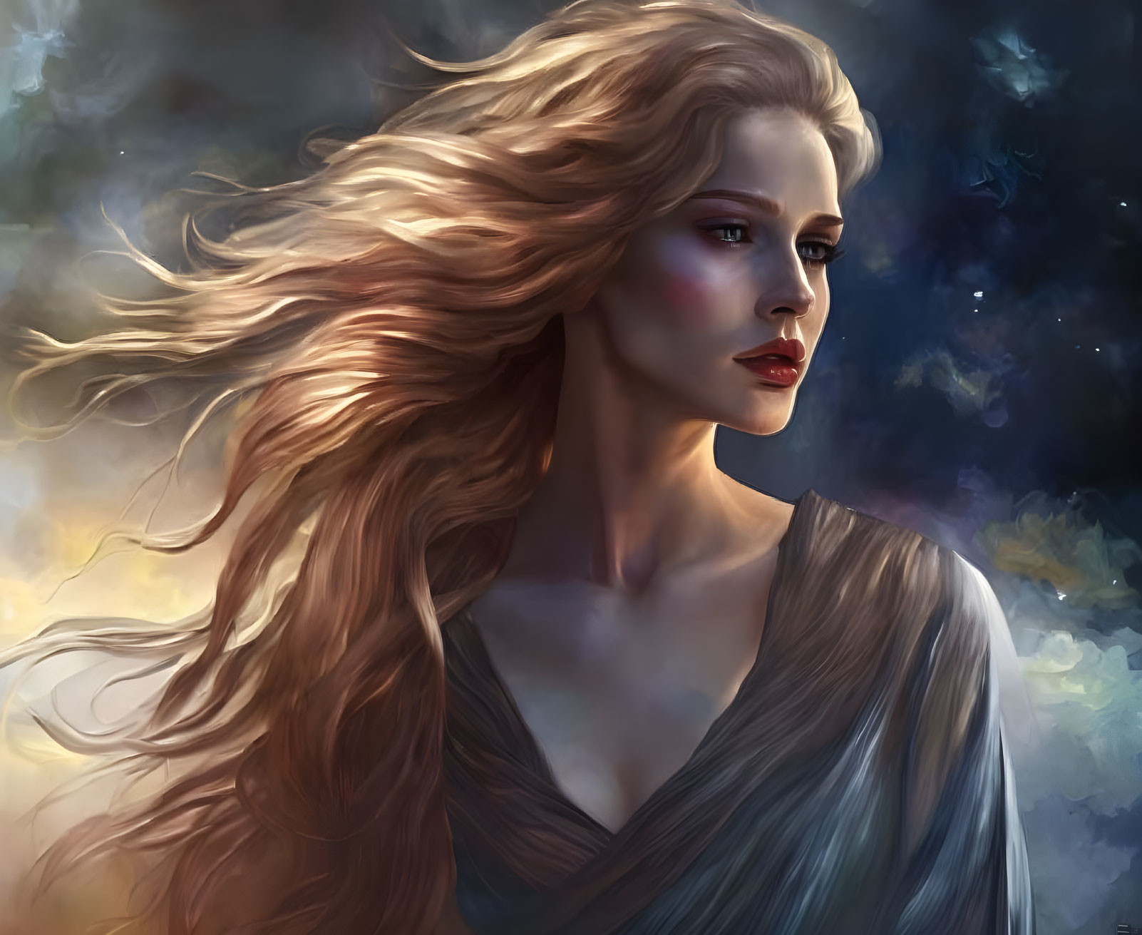 Blonde woman in serene cosmic digital painting