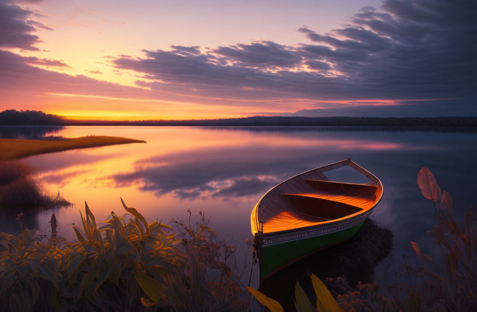 Tranquil sunrise lake scene with colorful sky reflection and canoe by foliage