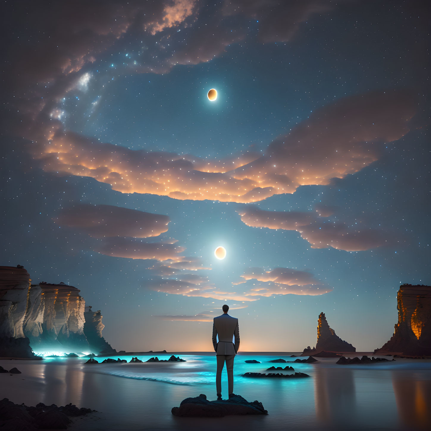 Person gazes at night sky with stars, galaxy, and eclipsed moon over rocky shore.