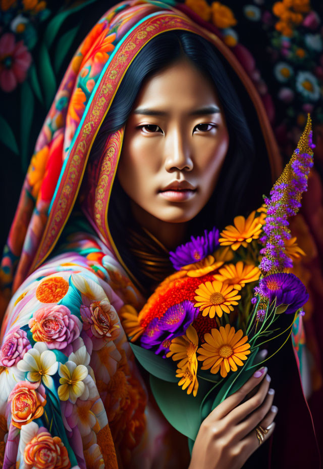 Woman with floral shawl and bouquet on dark background.