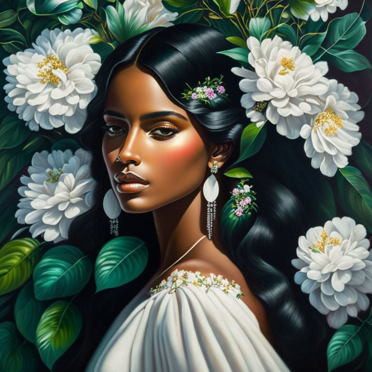 Portrait of woman with dark hair among white flowers and green leaves.