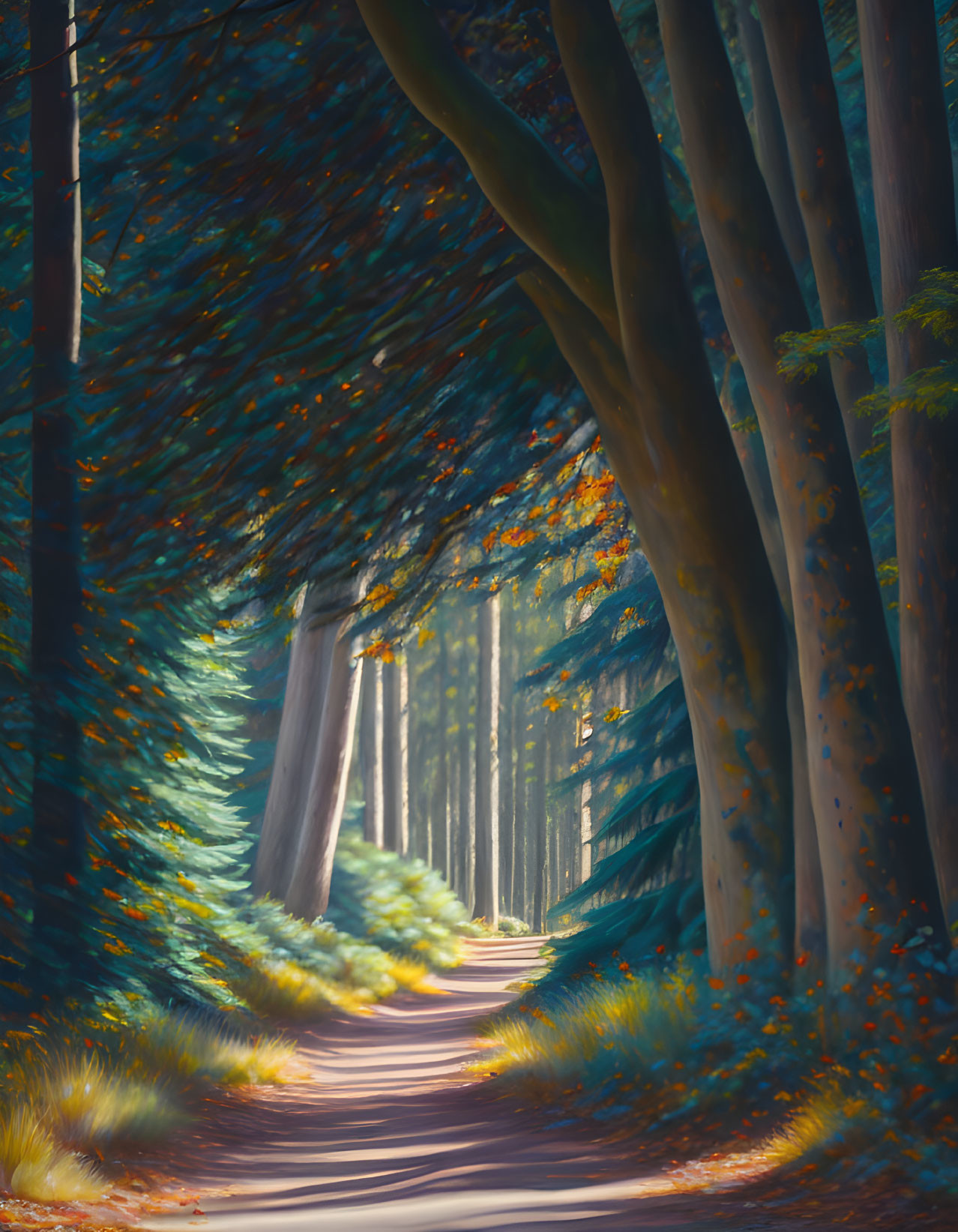 Sunlit forest path with tall trees and fallen leaves