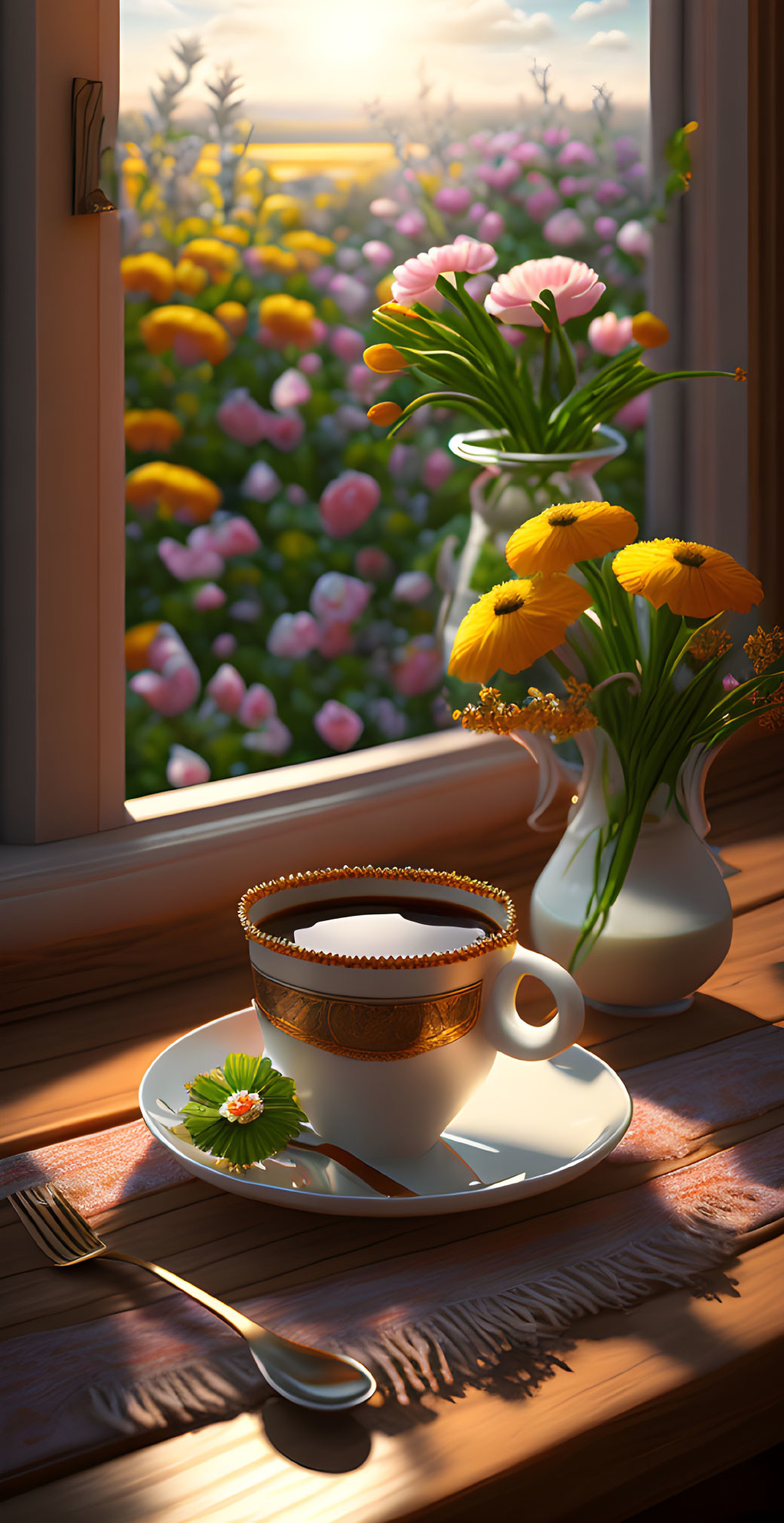 Coffee Cup on Saucer with Spoon on Sunlit Windowsill Overlooking Pink Flower Garden