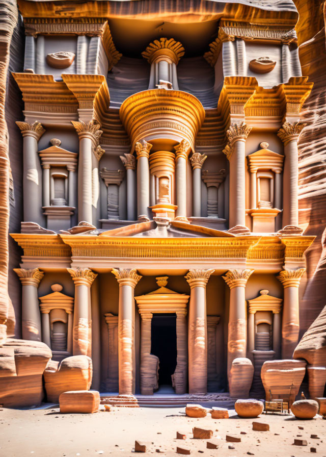 Detailed Carvings on Sandstone Facade of Nabatean Temple in Petra