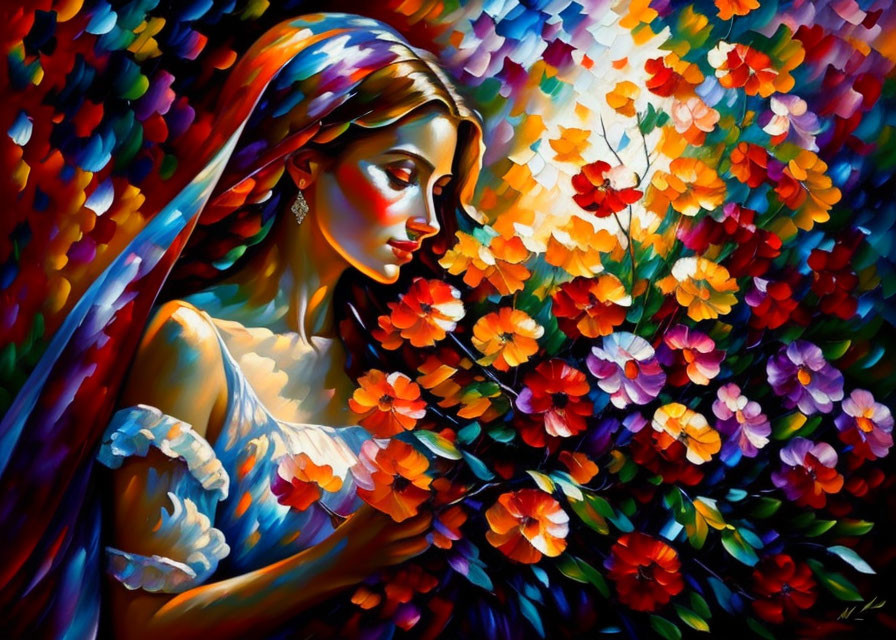 Vibrant profile portrait with colorful flowers in expressionist style