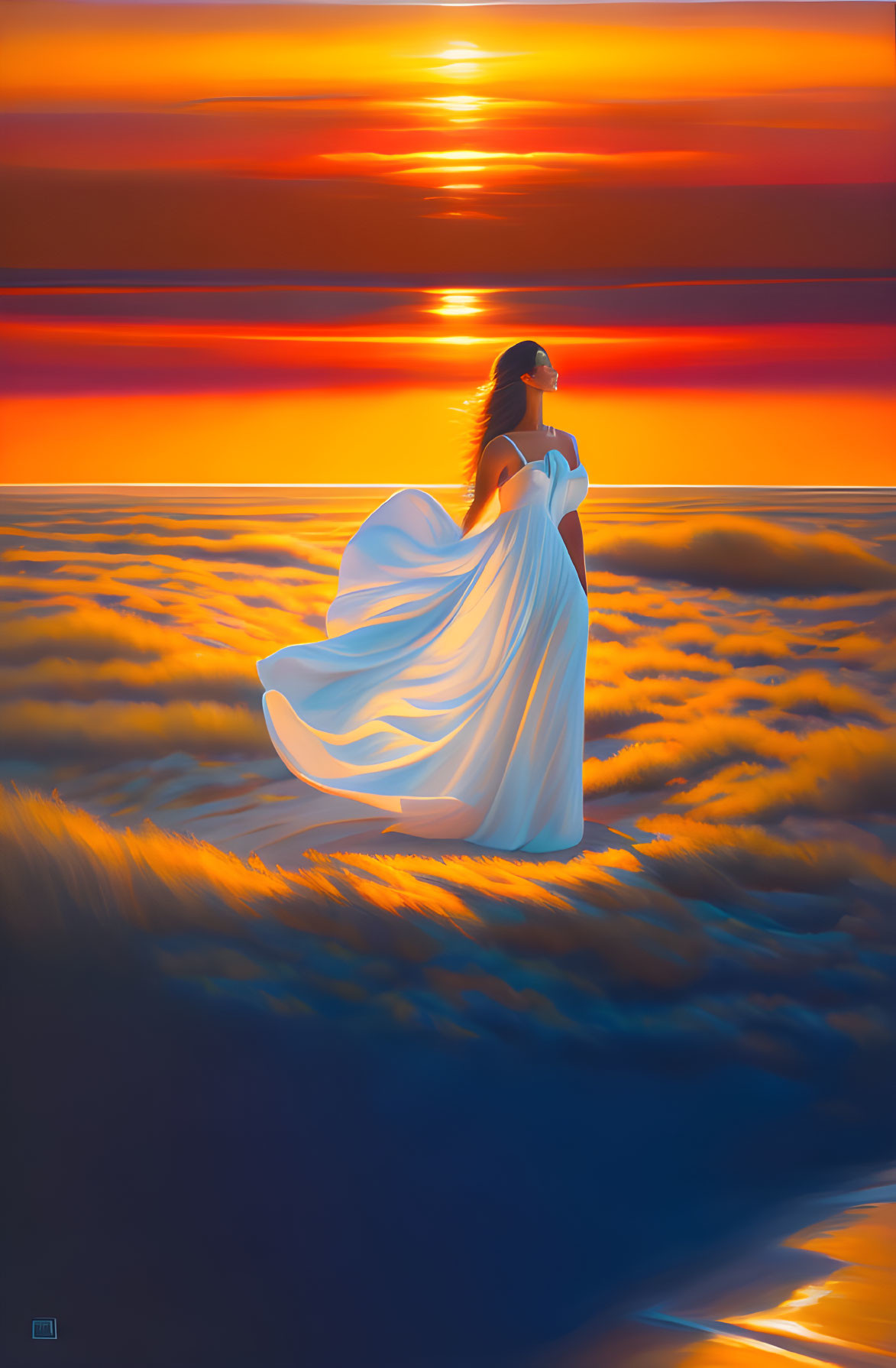 Woman in white dress under vibrant sunset with golden clouds and sea reflection