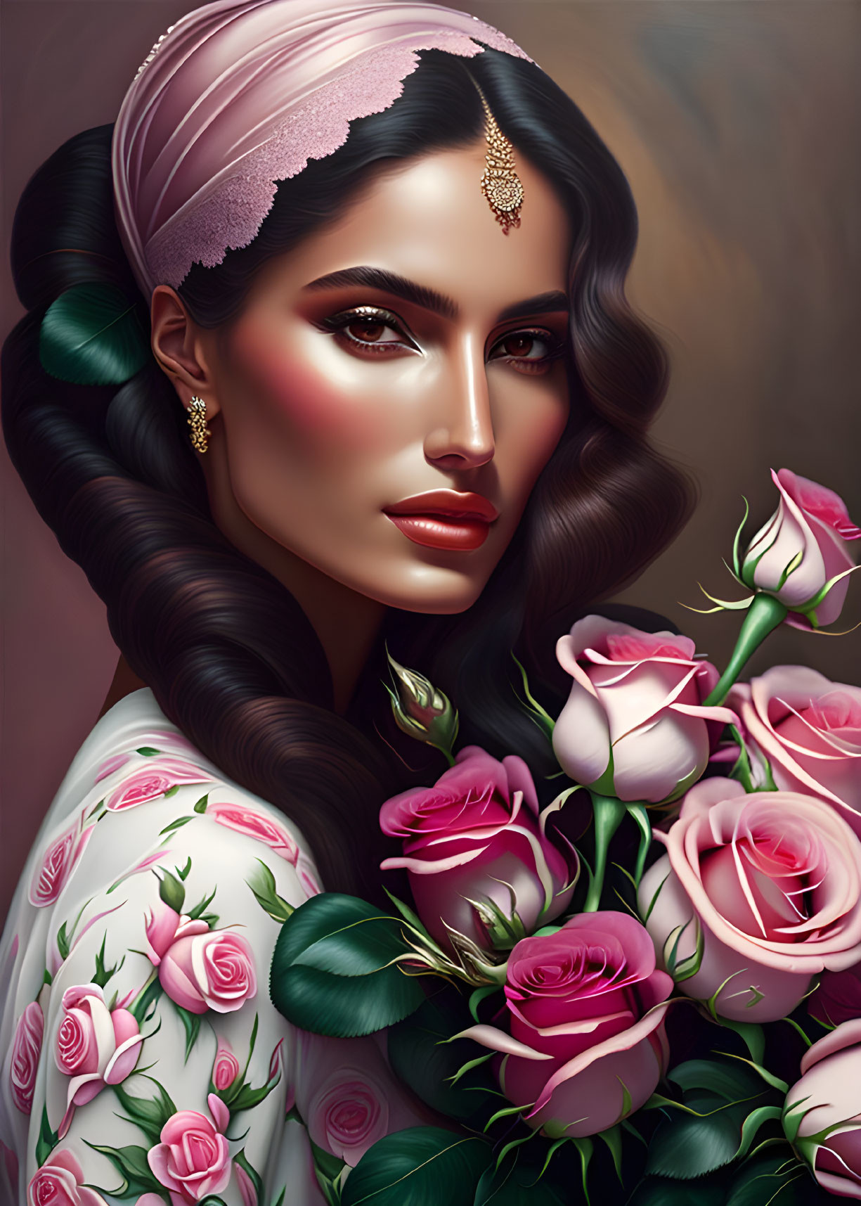 Illustration of woman with dark hair in pink headpiece and rose-patterned garment holding a rose