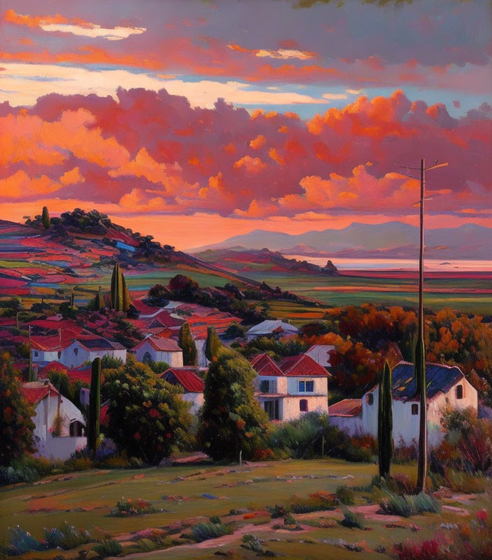 Colorful Sunset Landscape Painting with Houses and Hills