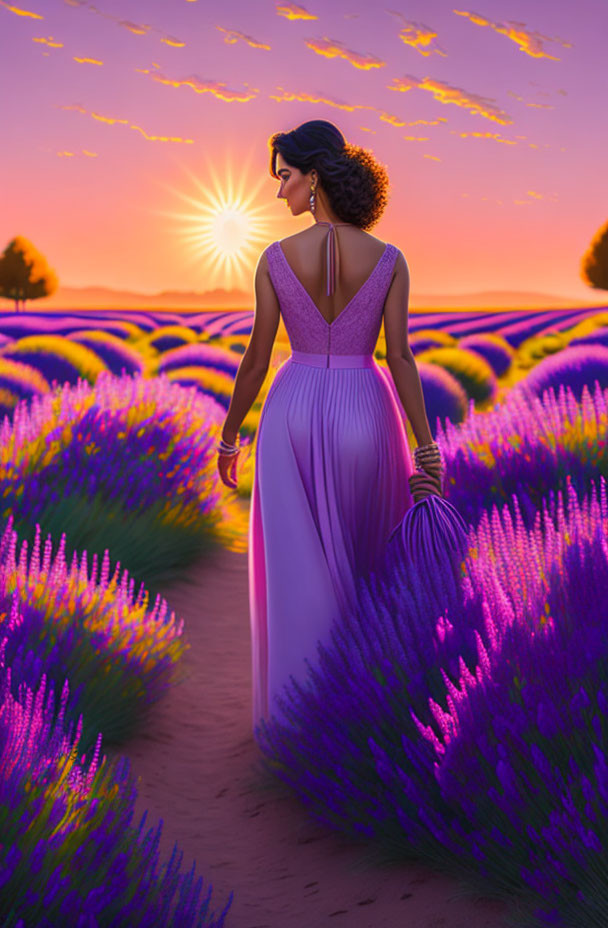 Woman in Purple Dress Walking Through Lavender Field at Sunset