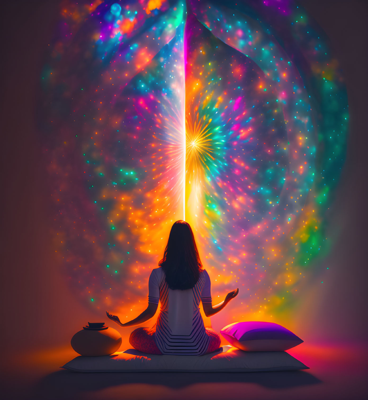 Meditating person in cosmic setting with vibrant colors