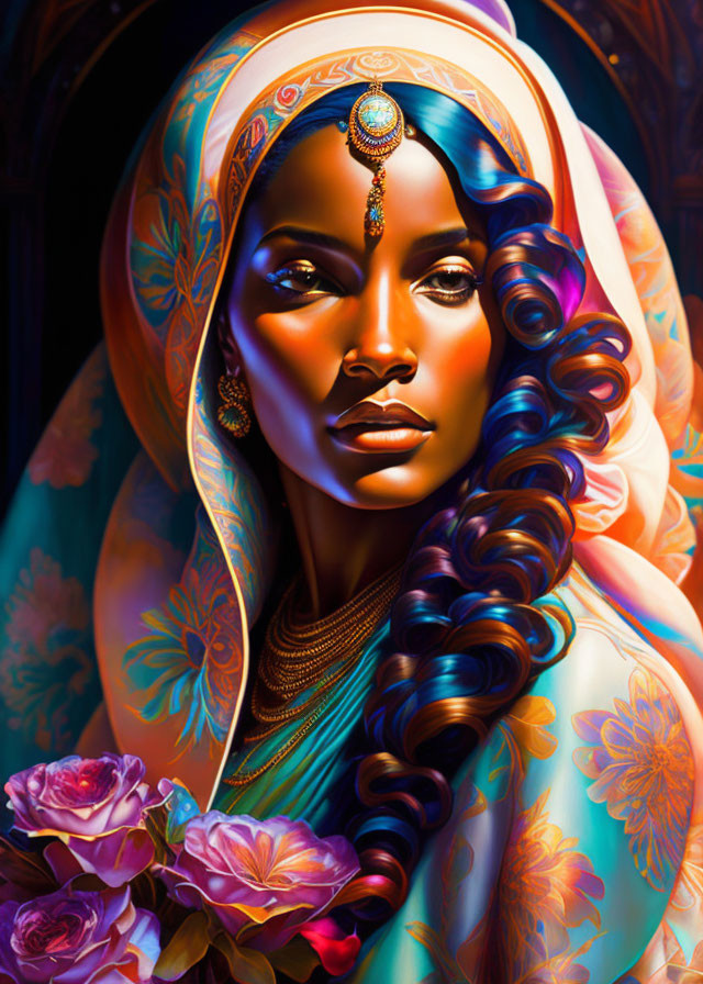 Colorful digital portrait of a woman in ornate attire with roses and jewelry