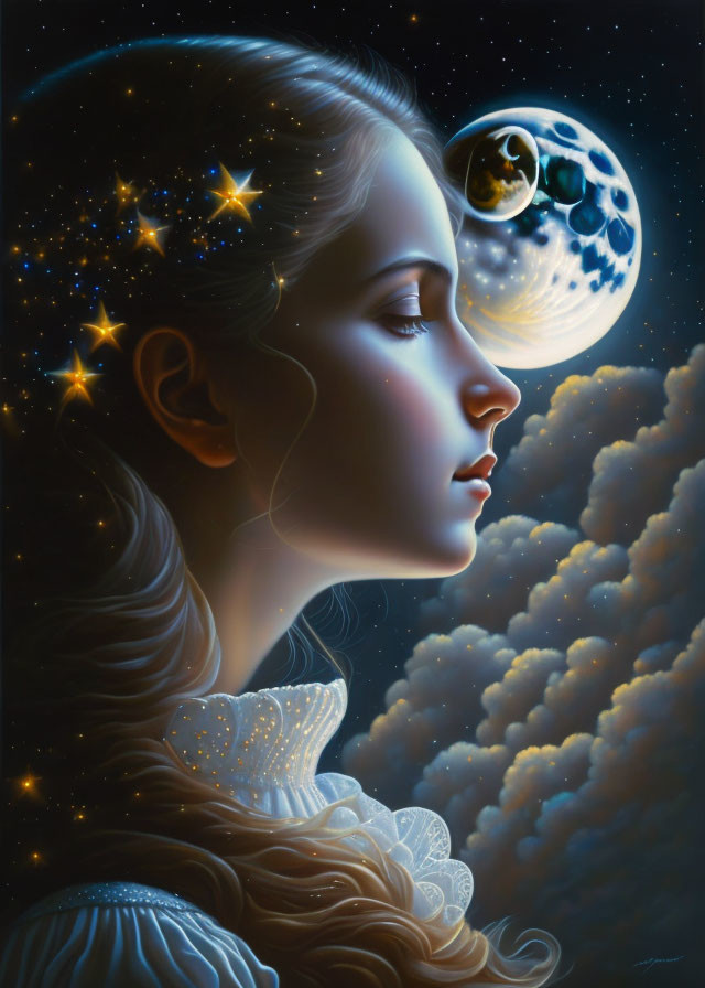 Illustrated portrait of woman with stars in hair and moon in night sky