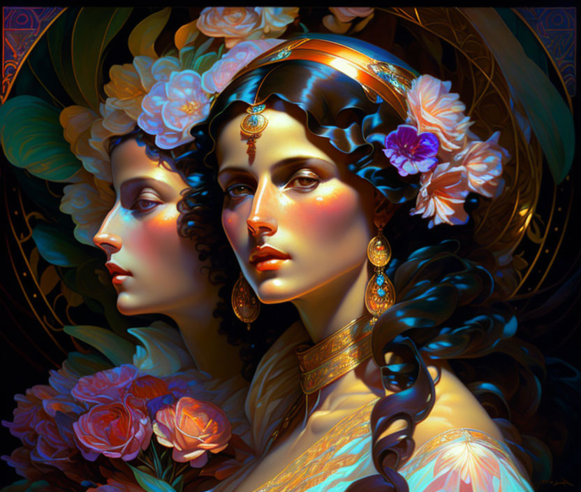 Colorful artwork featuring two women with intricate hairstyles and floral accessories.