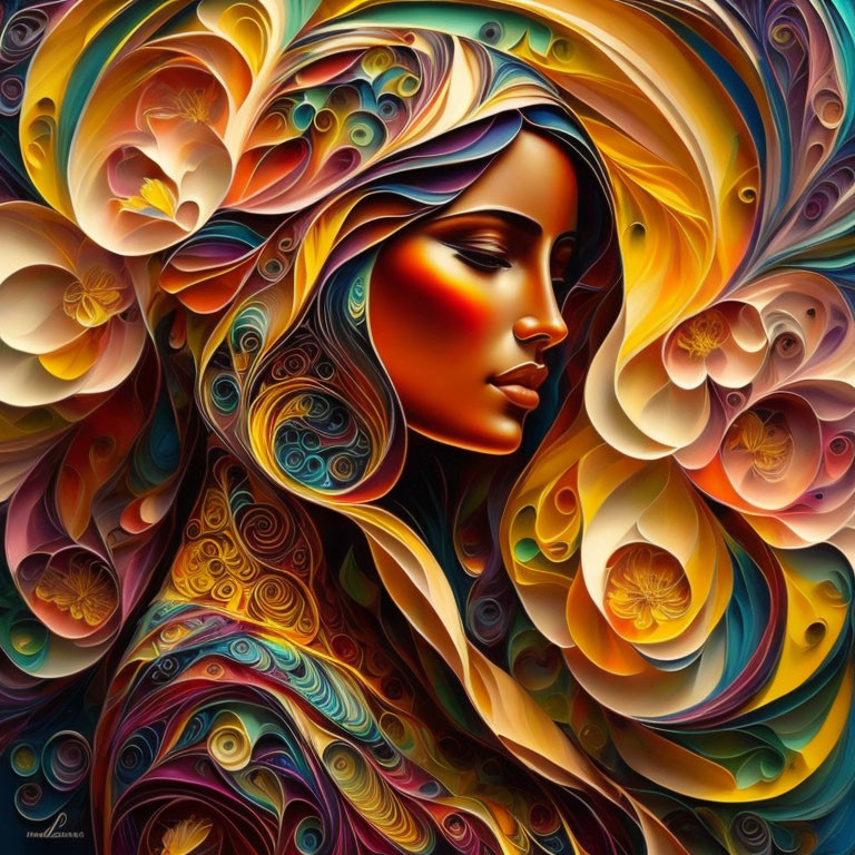 Colorful Abstract Portrait of Woman with Floral Patterns