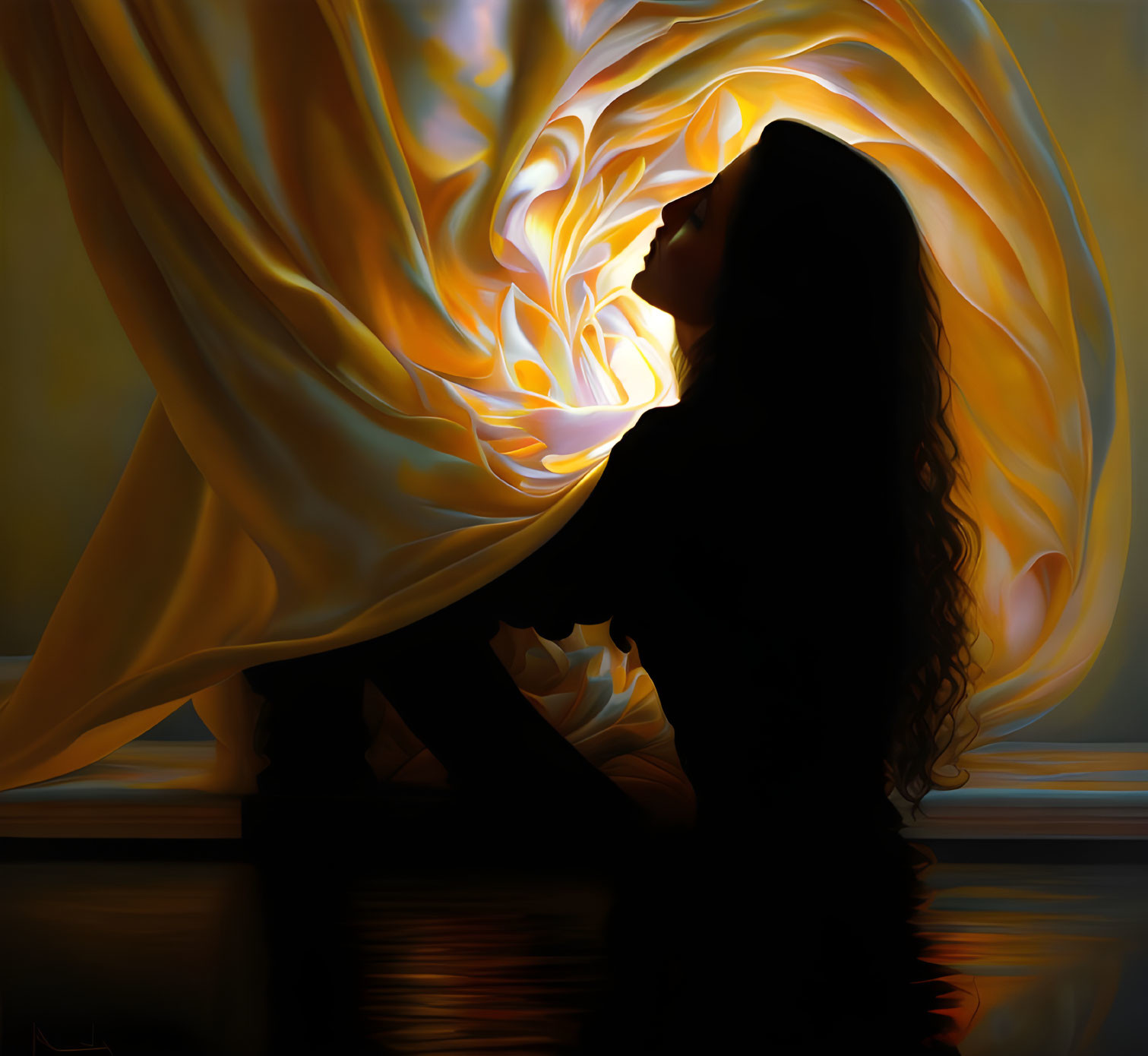 Curly-Haired Figure Silhouetted Against Vibrant Golden Swirls