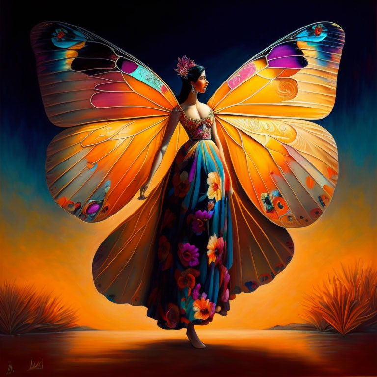 Vibrant woman with butterfly wings on warm background