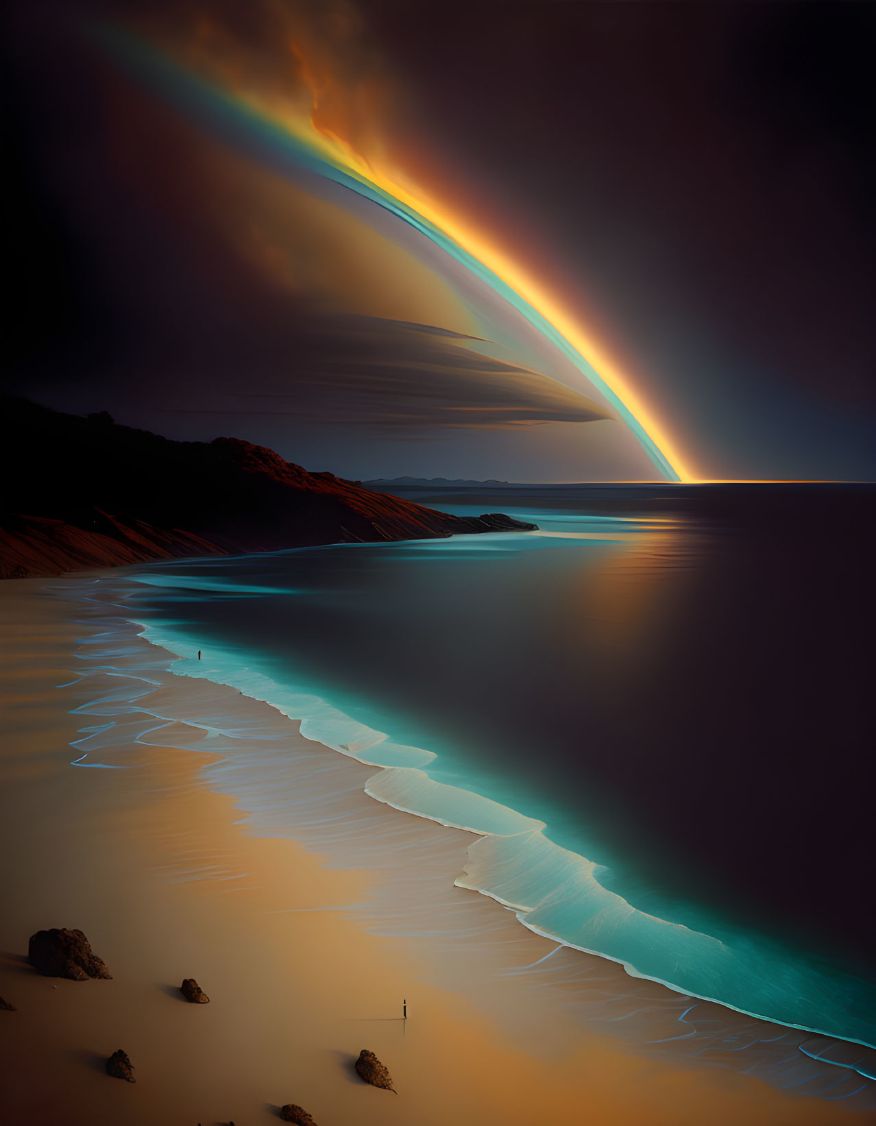 Vivid rainbow over tranquil beach contrasts with moody sky