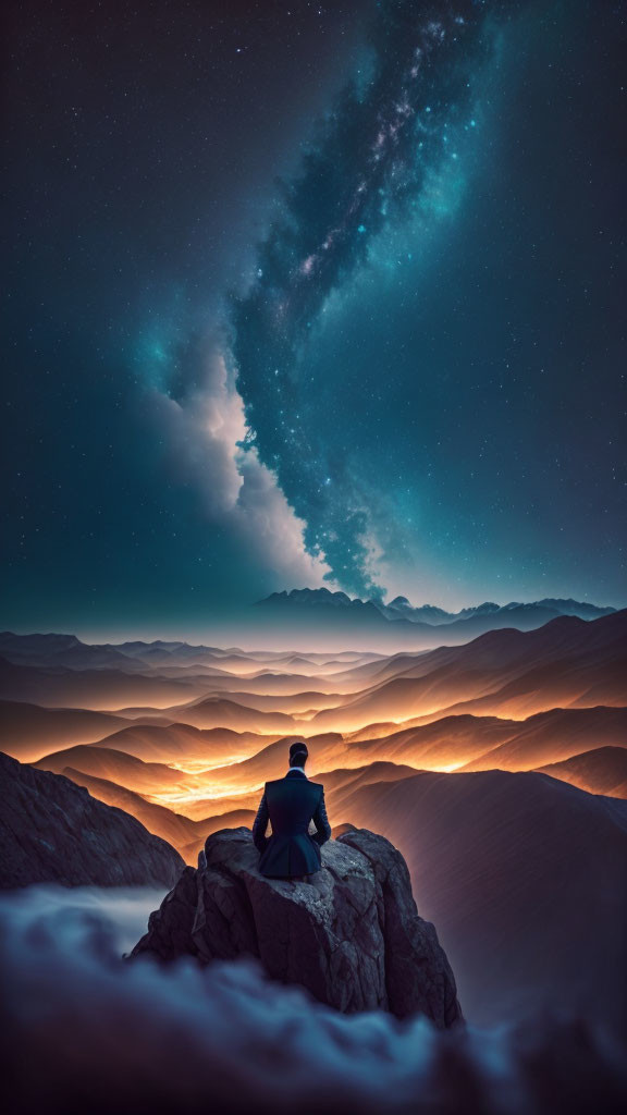 Person sitting on mountain peak under starry sky with Milky Way galaxy and sea of clouds.