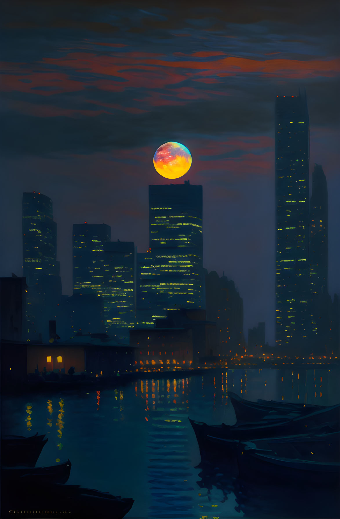 Cityscape at Dusk: Illuminated Buildings, Boats, and Colorful Moon