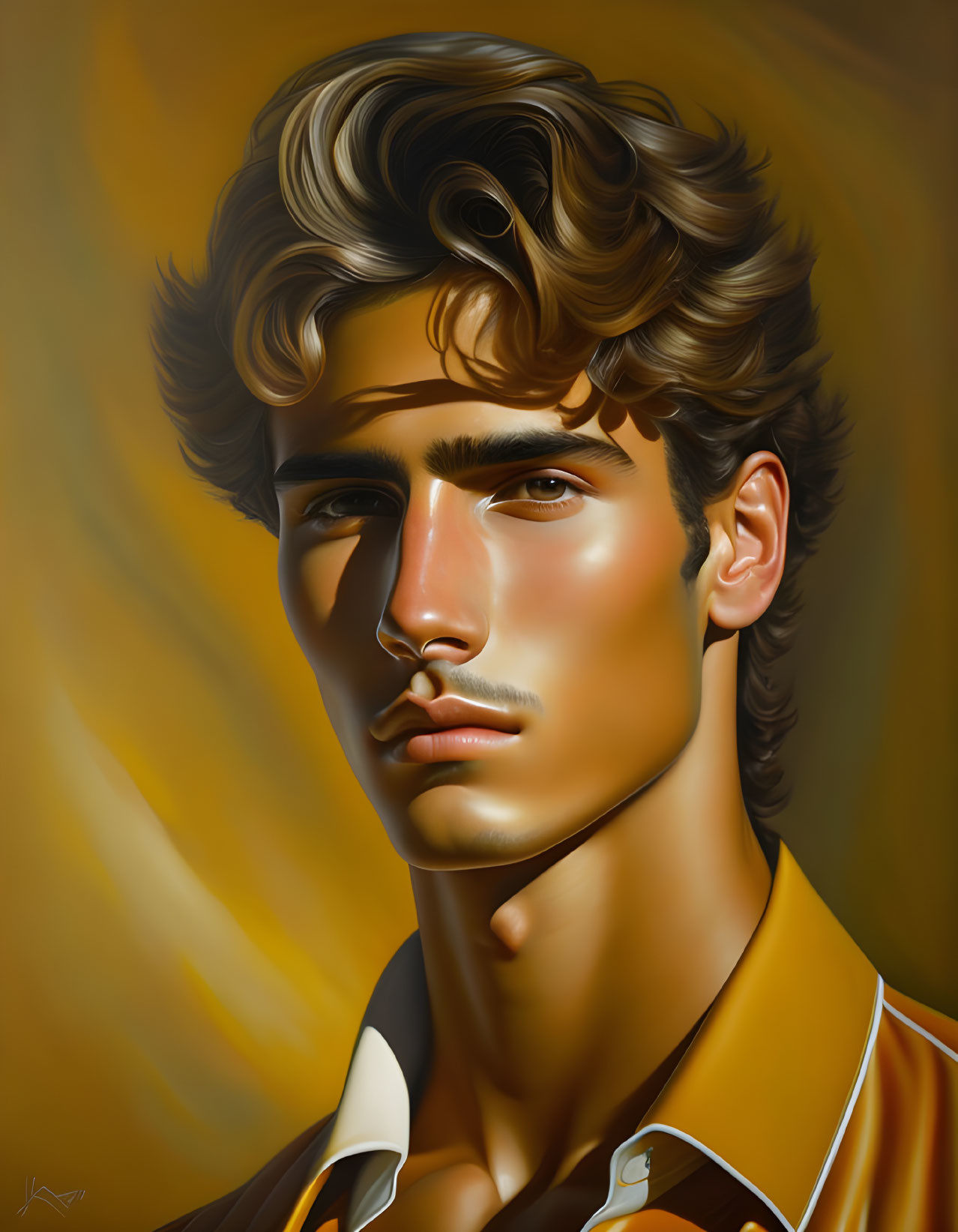 Stylized young man with wavy hair and confident gaze in warm tones