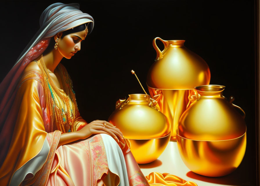 Traditional Attire Woman Sitting Beside Golden Pots