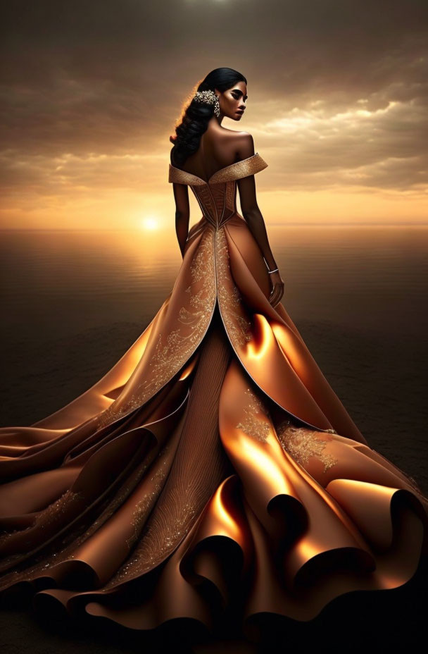 Luxurious Woman in Brown Gown Against Sunset Sky