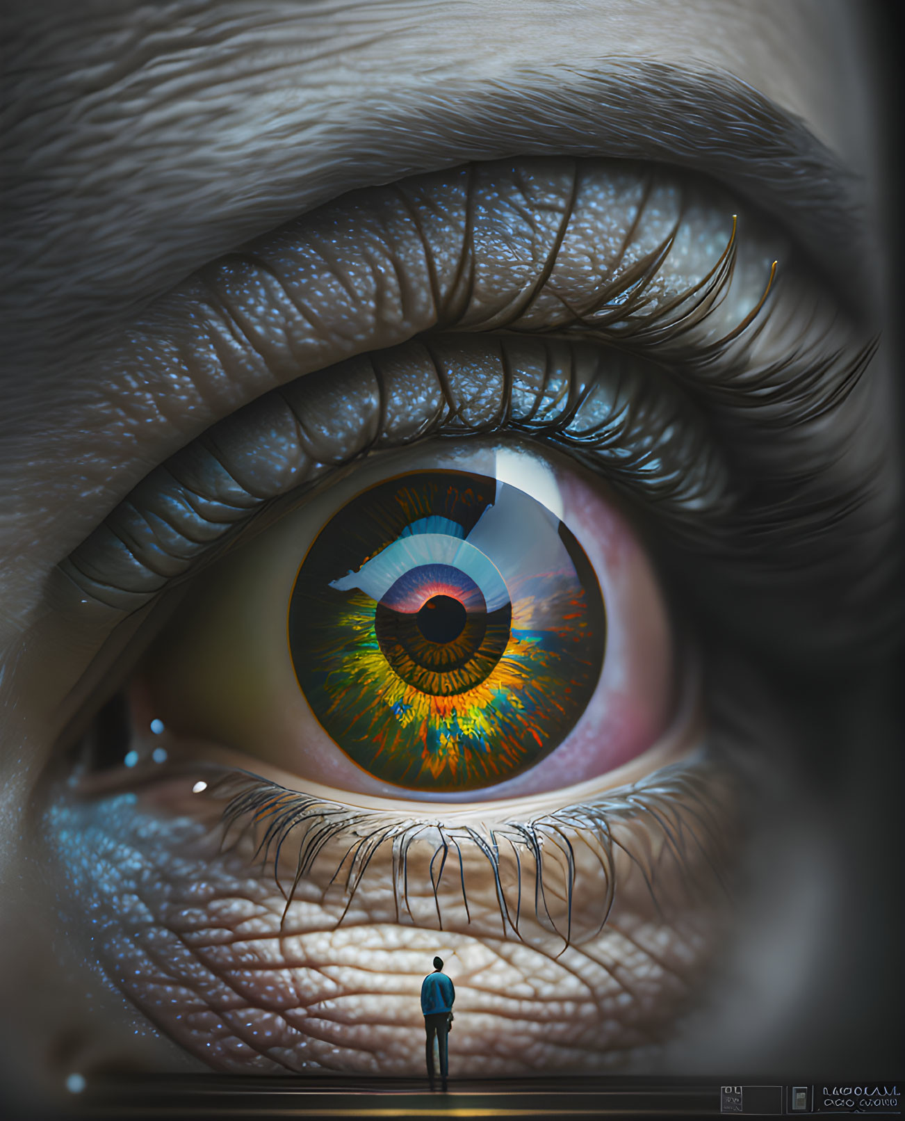 Detailed Hyper-Realistic Human Eye with Colorful Iris and Silhouette Reflection